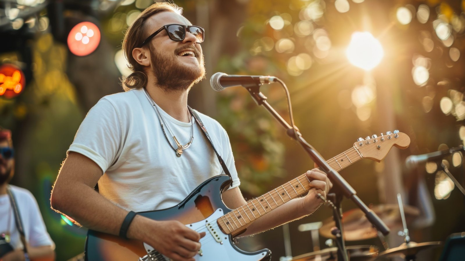 Hipster man wearing a blank black t-shirt mockup while playing guitar at a music festival